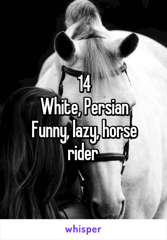 14
White, Persian
Funny, lazy, horse rider 