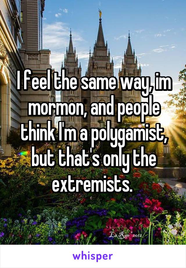 I feel the same way, im mormon, and people think I'm a polygamist, but that's only the extremists. 