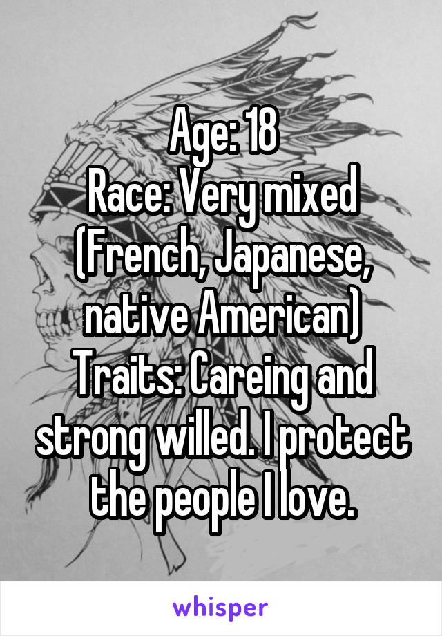 Age: 18
Race: Very mixed (French, Japanese, native American)
Traits: Careing and strong willed. I protect the people I love.