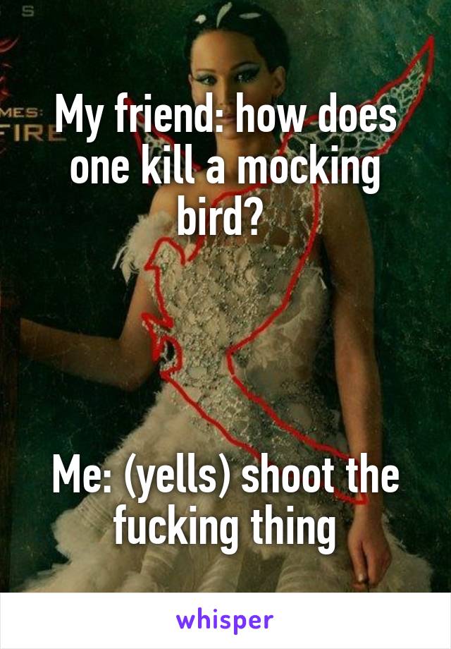 My friend: how does one kill a mocking bird? 




Me: (yells) shoot the fucking thing