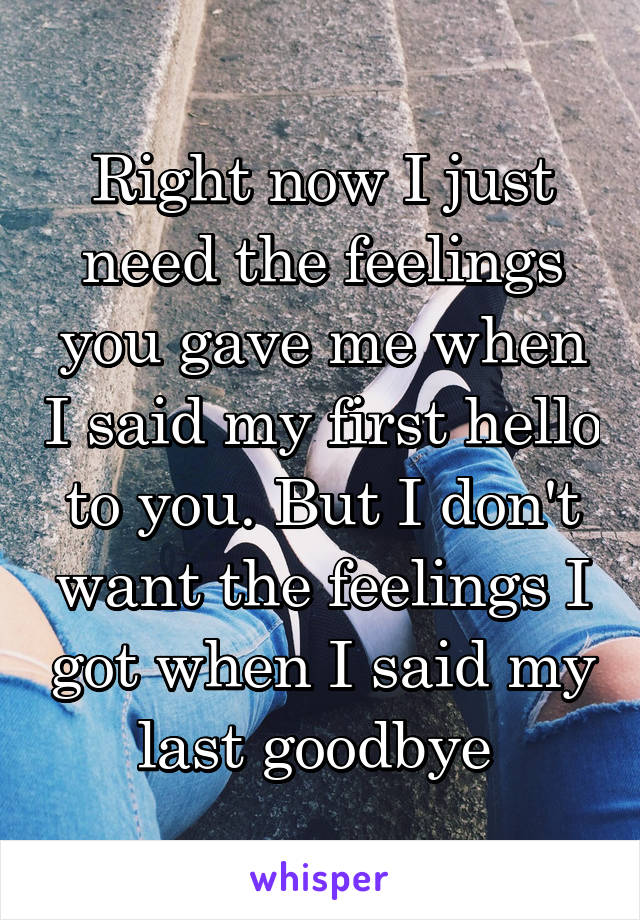 Right now I just need the feelings you gave me when I said my first hello to you. But I don't want the feelings I got when I said my last goodbye 