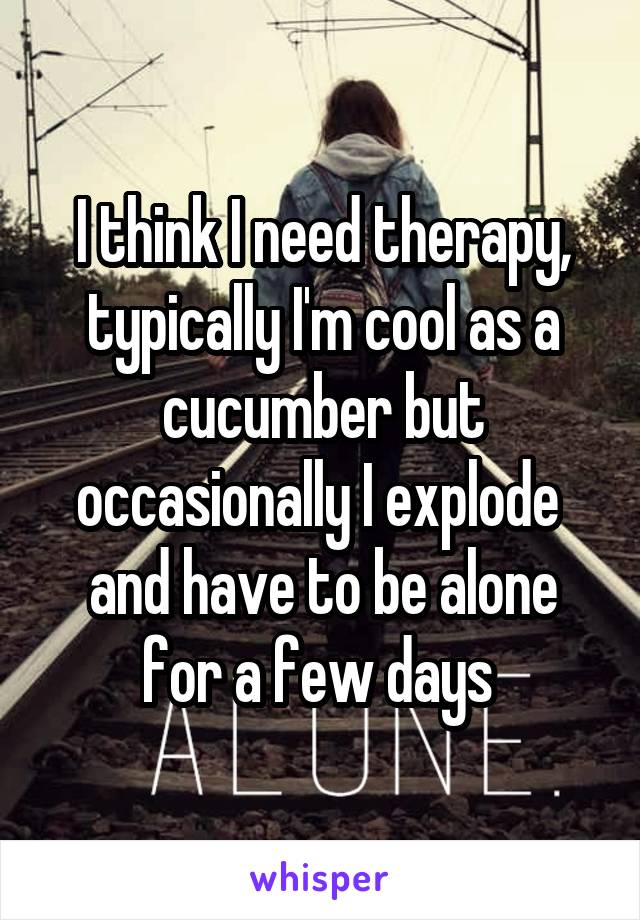 I think I need therapy, typically I'm cool as a cucumber but occasionally I explode  and have to be alone for a few days 