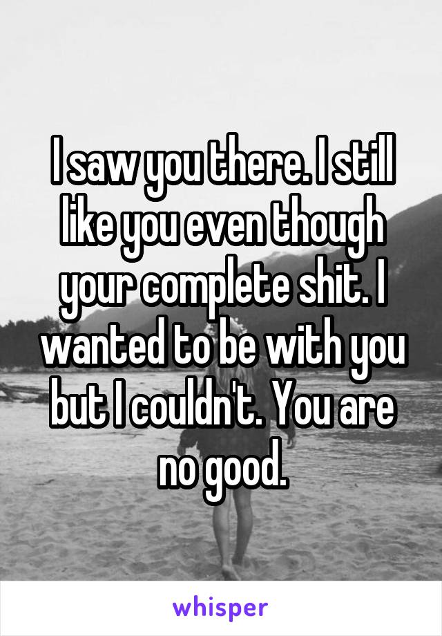 I saw you there. I still like you even though your complete shit. I wanted to be with you but I couldn't. You are no good.