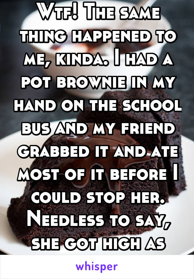 Wtf! The same thing happened to me, kinda. I had a pot brownie in my hand on the school bus and my friend grabbed it and ate most of it before I could stop her. Needless to say, she got high as fuck.