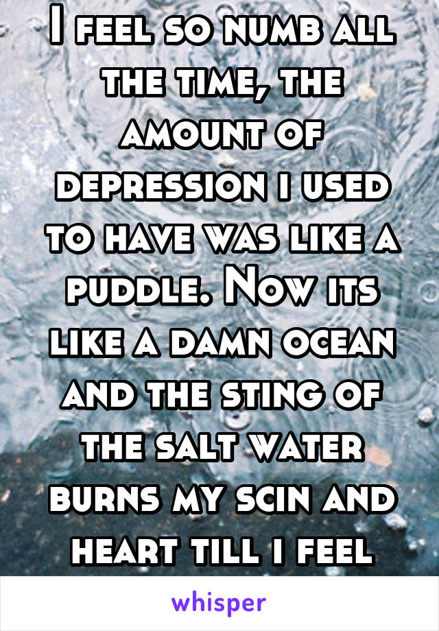 I feel so numb all the time, the amount of depression i used to have was like a puddle. Now its like a damn ocean and the sting of the salt water burns my scin and heart till i feel nothing.