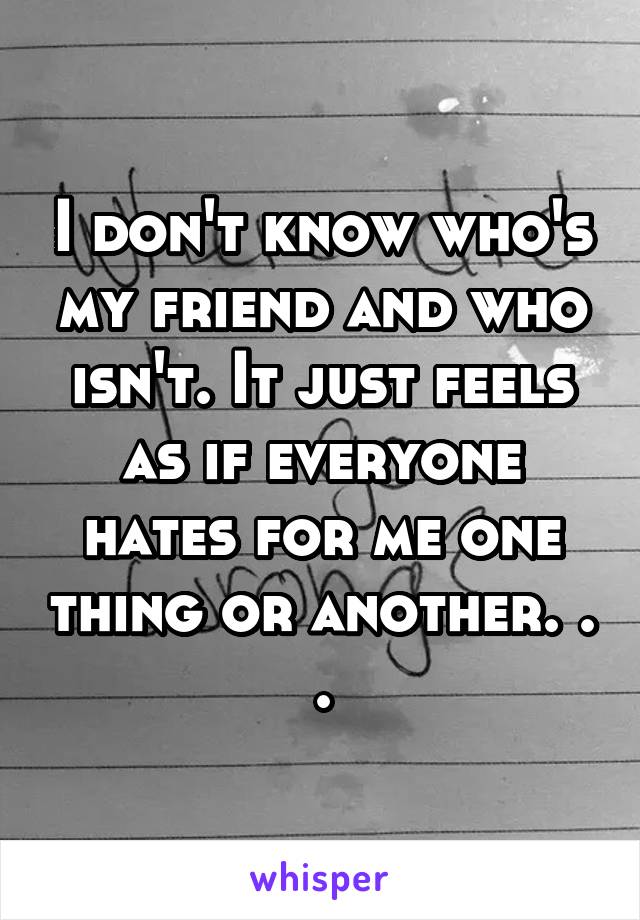 I don't know who's my friend and who isn't. It just feels as if everyone hates for me one thing or another. . .