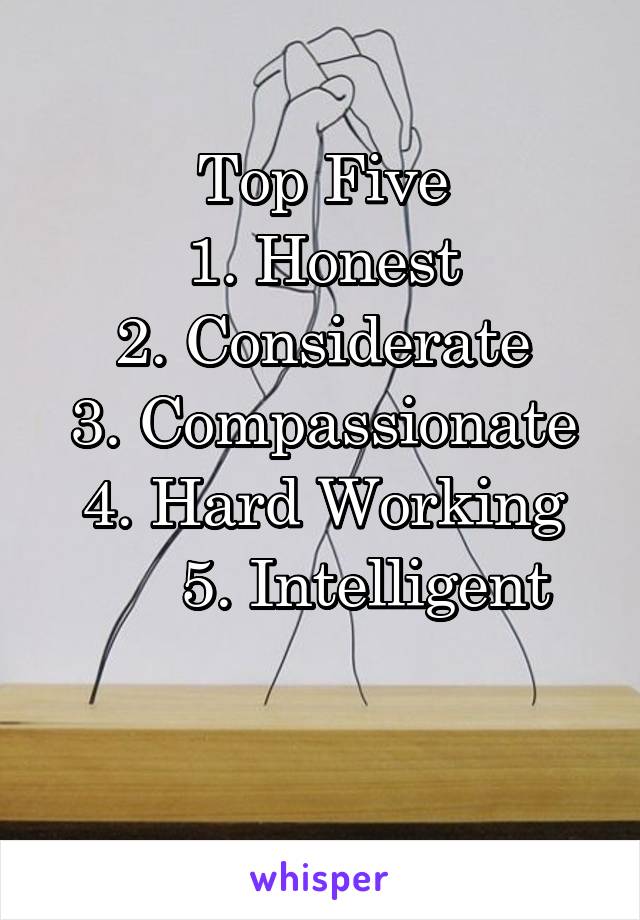 Top Five
1. Honest
2. Considerate
3. Compassionate
4. Hard Working
     5. Intelligent

