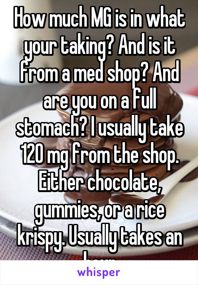 How much MG is in what your taking? And is it from a med shop? And are you on a full stomach? I usually take 120 mg from the shop. Either chocolate, gummies, or a rice krispy. Usually takes an hour