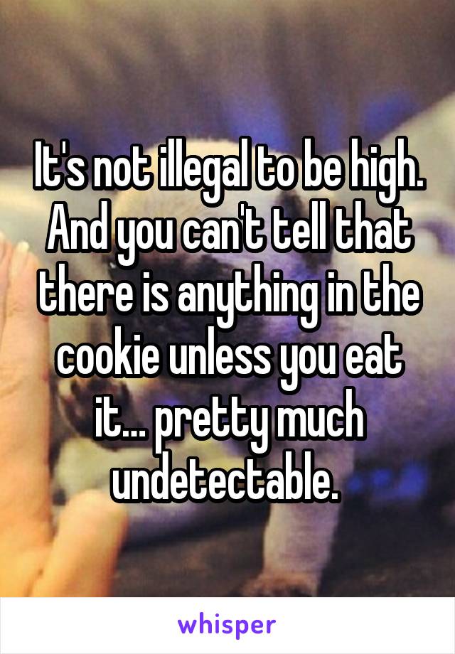 It's not illegal to be high. And you can't tell that there is anything in the cookie unless you eat it… pretty much undetectable. 