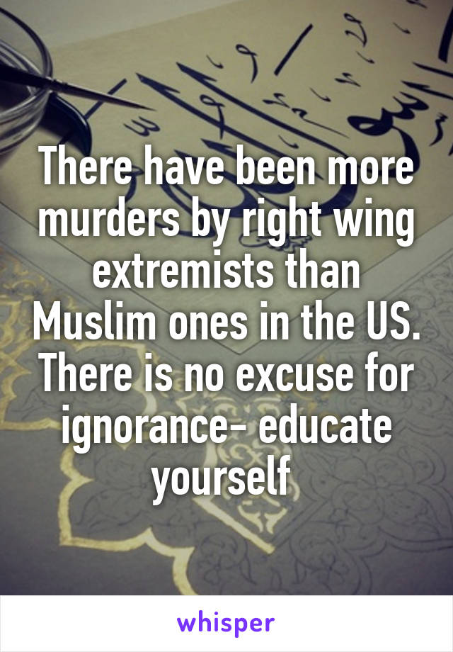There have been more murders by right wing extremists than Muslim ones in the US. There is no excuse for ignorance- educate yourself 