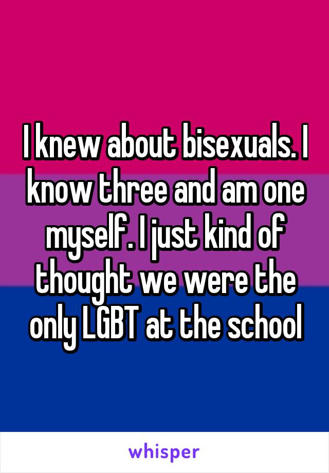 I knew about bisexuals. I know three and am one myself. I just kind of thought we were the only LGBT at the school