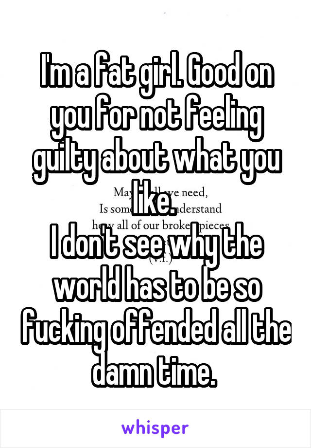 I'm a fat girl. Good on you for not feeling guilty about what you like. 
I don't see why the world has to be so fucking offended all the damn time. 