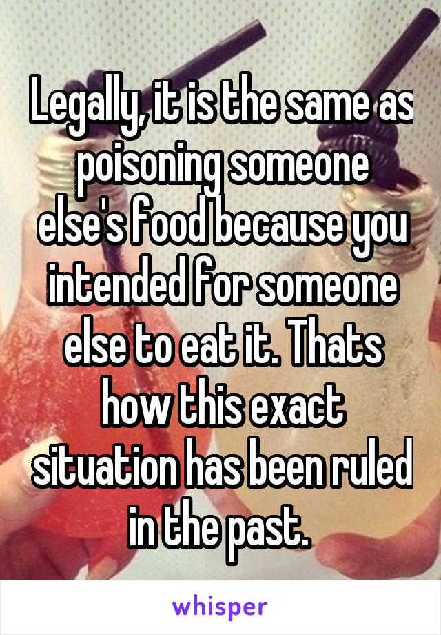 Legally, it is the same as poisoning someone else's food because you intended for someone else to eat it. Thats how this exact situation has been ruled in the past. 