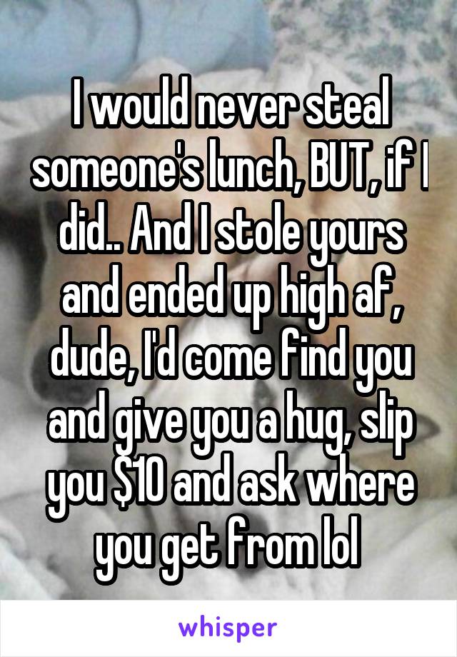 I would never steal someone's lunch, BUT, if I did.. And I stole yours and ended up high af, dude, I'd come find you and give you a hug, slip you $10 and ask where you get from lol 