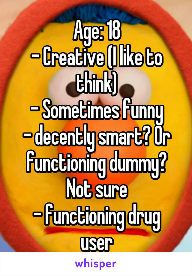 Age: 18
- Creative (I like to think)
- Sometimes funny
- decently smart? Or functioning dummy? Not sure
- functioning drug user