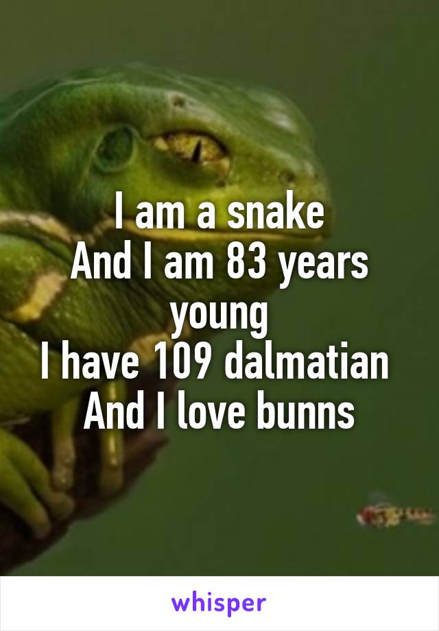 I am a snake
And I am 83 years young
I have 109 dalmatian 
And I love bunns