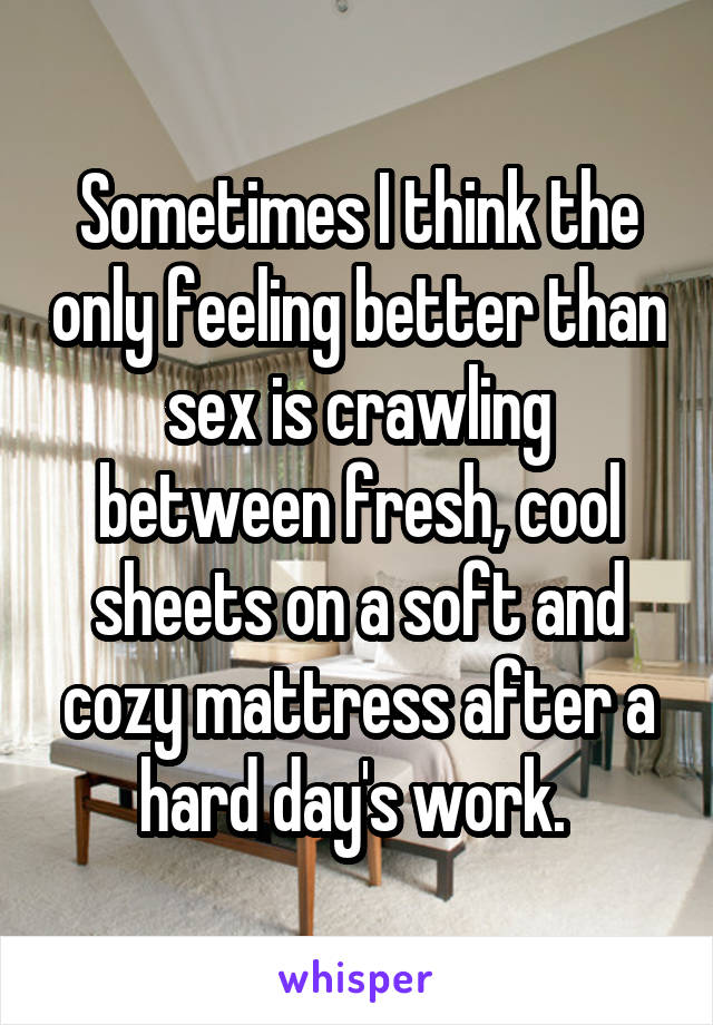 Sometimes I think the only feeling better than sex is crawling between fresh, cool sheets on a soft and cozy mattress after a hard day's work. 