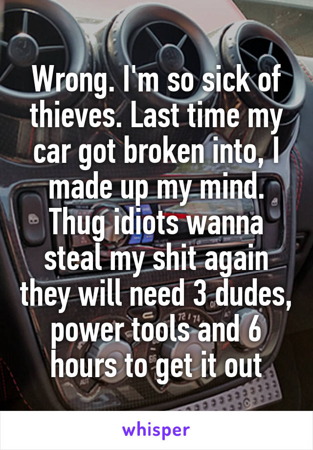 Wrong. I'm so sick of thieves. Last time my car got broken into, I made up my mind. Thug idiots wanna steal my shit again they will need 3 dudes, power tools and 6 hours to get it out