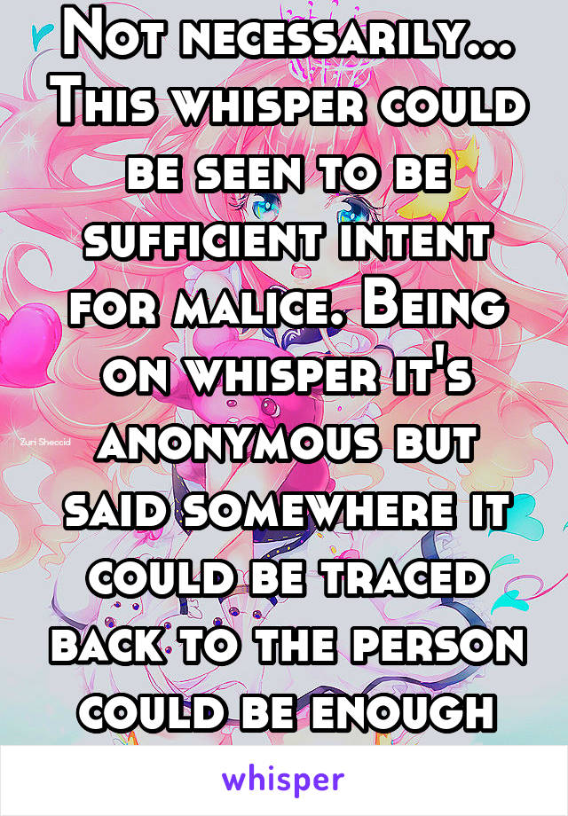 Not necessarily... This whisper could be seen to be sufficient intent for malice. Being on whisper it's anonymous but said somewhere it could be traced back to the person could be enough for intent. 