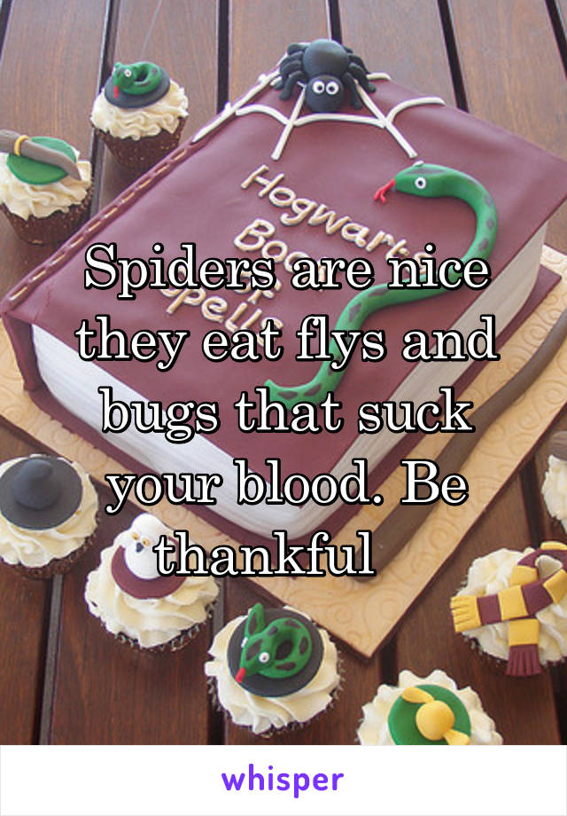 Spiders are nice they eat flys and bugs that suck your blood. Be thankful   