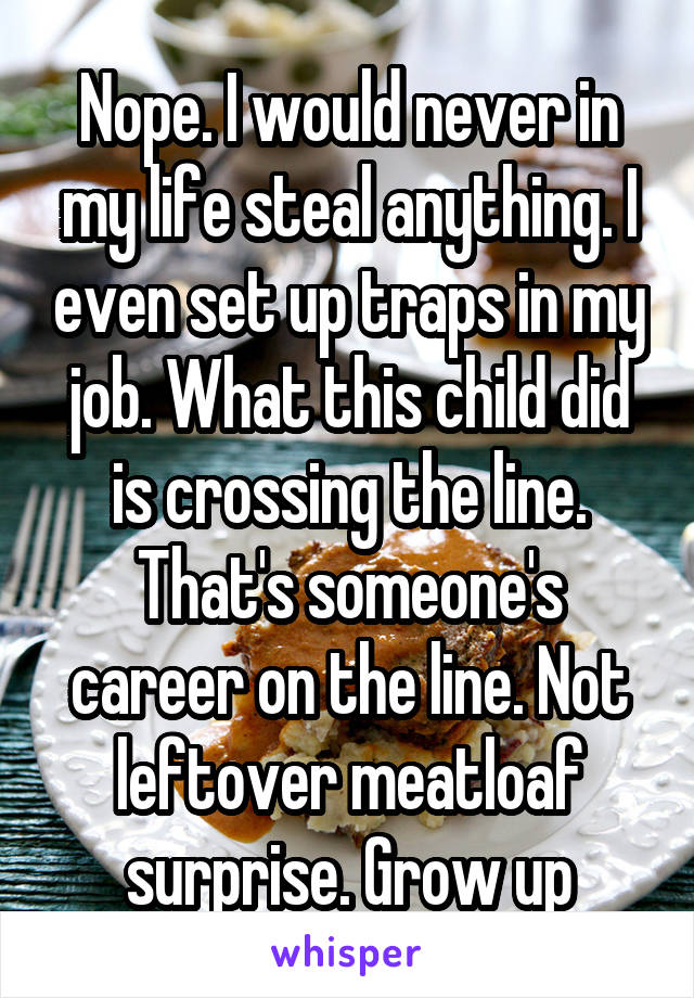 Nope. I would never in my life steal anything. I even set up traps in my job. What this child did is crossing the line. That's someone's career on the line. Not leftover meatloaf surprise. Grow up