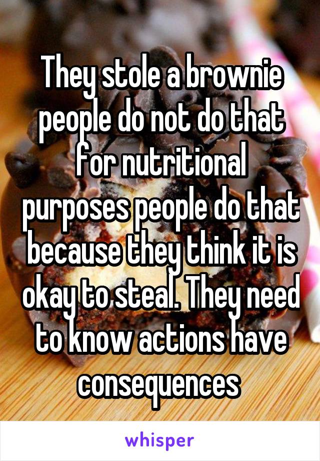 They stole a brownie people do not do that for nutritional purposes people do that because they think it is okay to steal. They need to know actions have consequences 