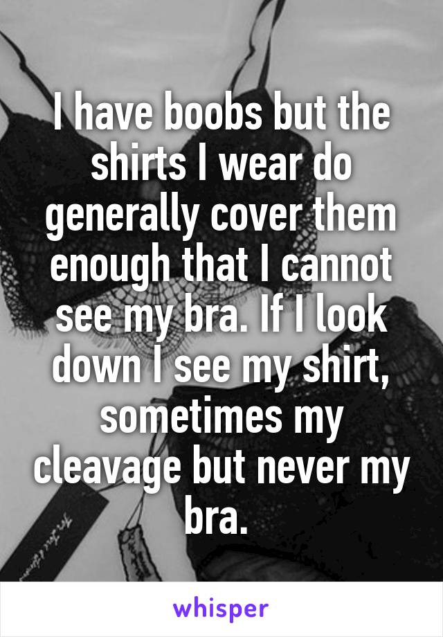 I have boobs but the shirts I wear do generally cover them enough that I cannot see my bra. If I look down I see my shirt, sometimes my cleavage but never my bra. 