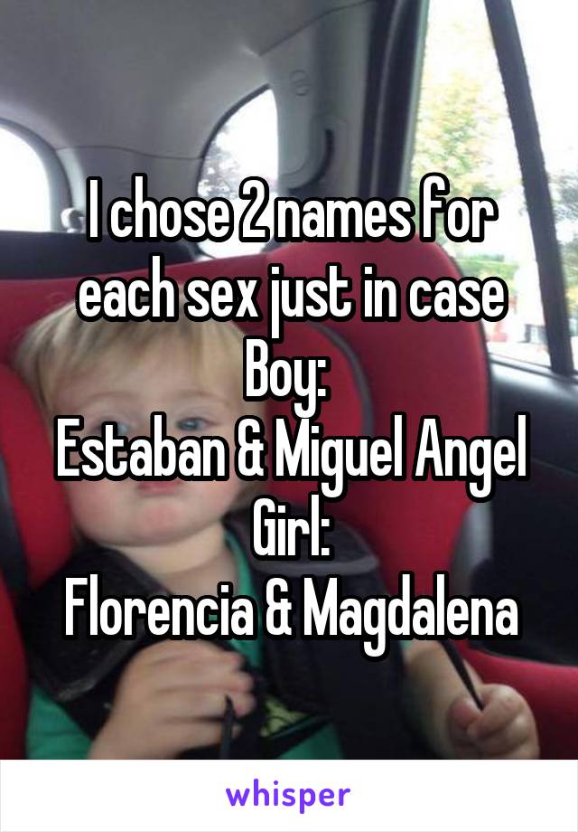 I chose 2 names for each sex just in case
Boy: 
Estaban & Miguel Angel
Girl:
Florencia & Magdalena