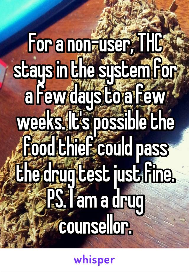 For a non-user, THC stays in the system for a few days to a few weeks. It's possible the food thief could pass the drug test just fine.
PS. I am a drug counsellor.