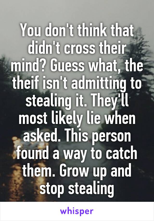 You don't think that didn't cross their mind? Guess what, the theif isn't admitting to stealing it. They'll most likely lie when asked. This person found a way to catch them. Grow up and stop stealing