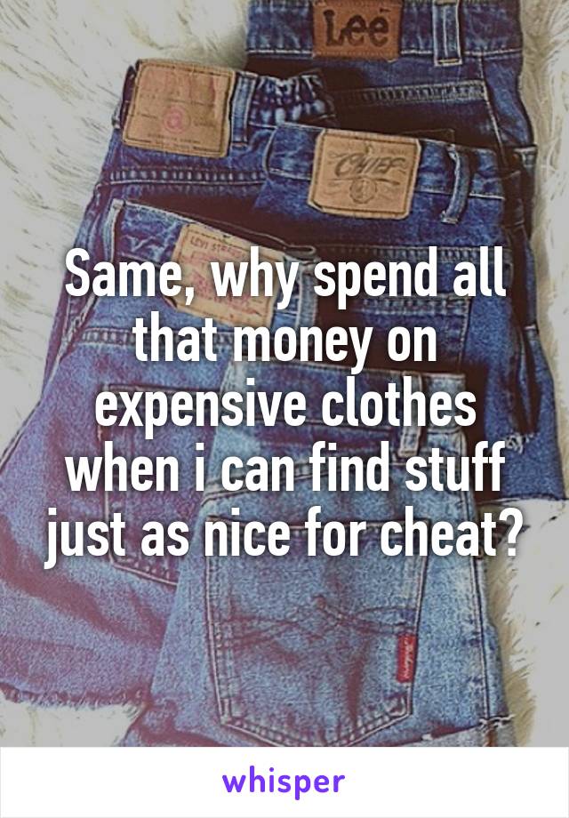 Same, why spend all that money on expensive clothes when i can find stuff just as nice for cheat?