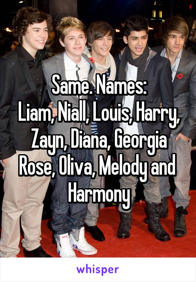 Same. Names:
Liam, Niall, Louis, Harry, Zayn, Diana, Georgia Rose, Oliva, Melody and  Harmony