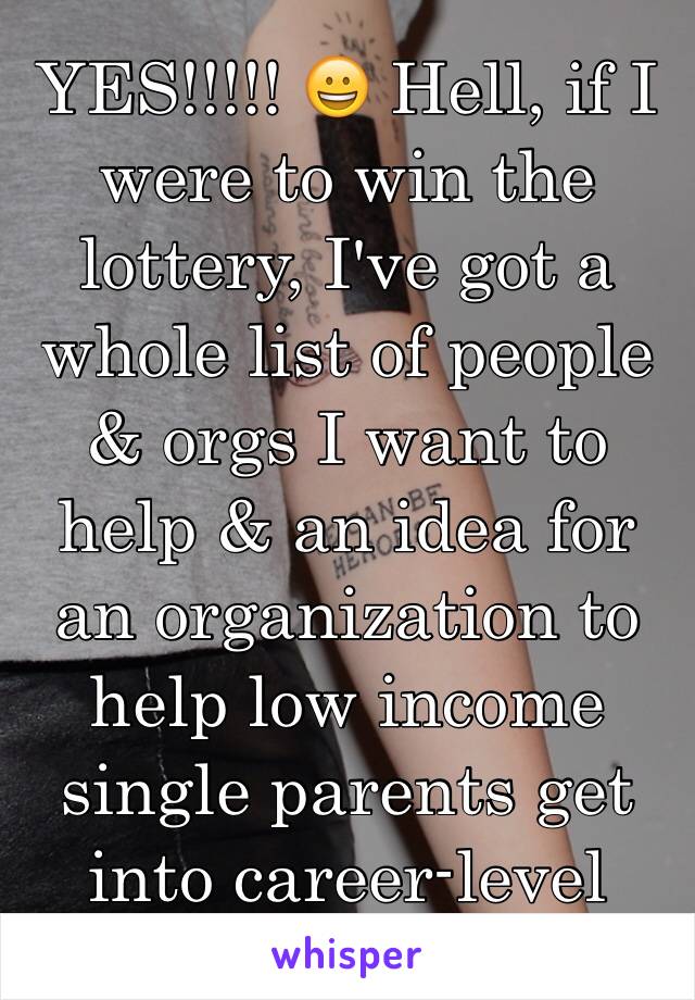 YES!!!!! 😀 Hell, if I were to win the lottery, I've got a whole list of people & orgs I want to help & an idea for an organization to help low income single parents get into career-level jobs 😀