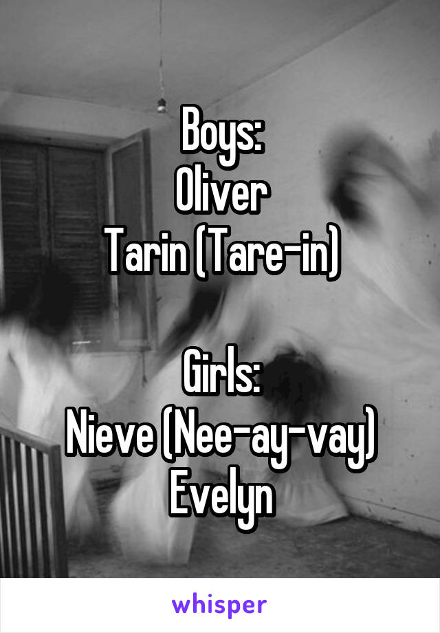 Boys:
Oliver
Tarin (Tare-in)

Girls:
Nieve (Nee-ay-vay)
Evelyn