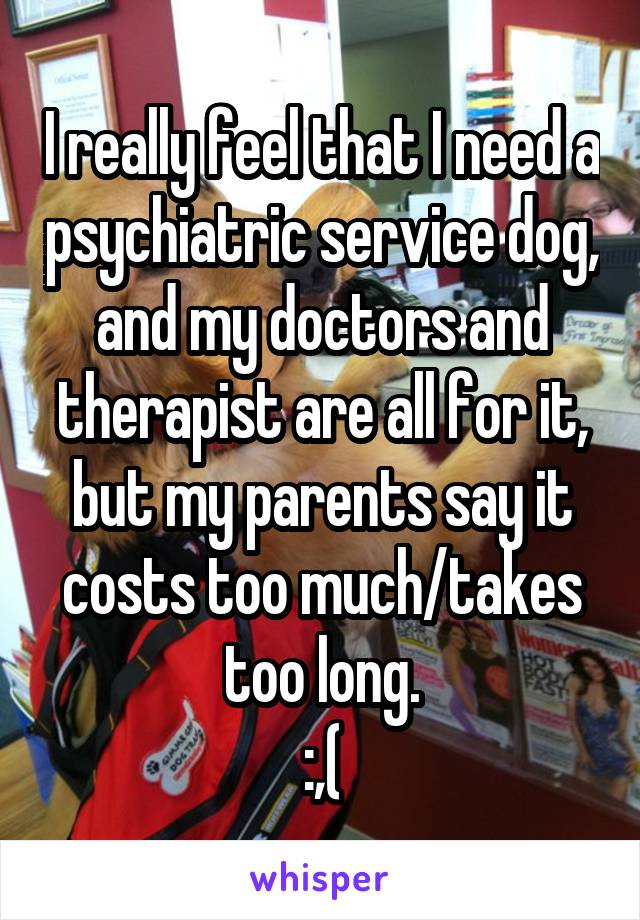 I really feel that I need a psychiatric service dog, and my doctors and therapist are all for it, but my parents say it costs too much/takes too long.
:,(