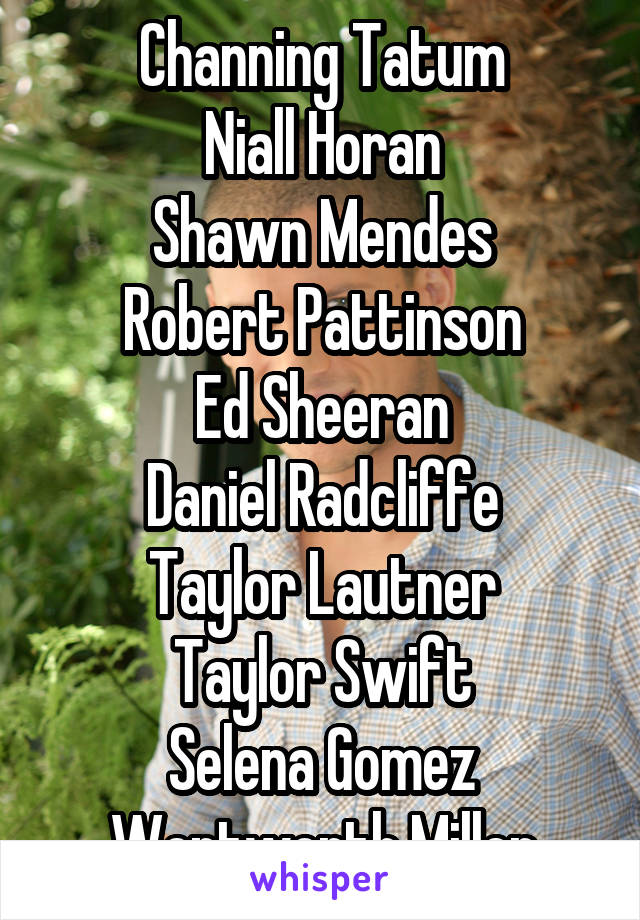Channing Tatum
Niall Horan
Shawn Mendes
Robert Pattinson
Ed Sheeran
Daniel Radcliffe
Taylor Lautner
Taylor Swift
Selena Gomez
Wentworth Miller