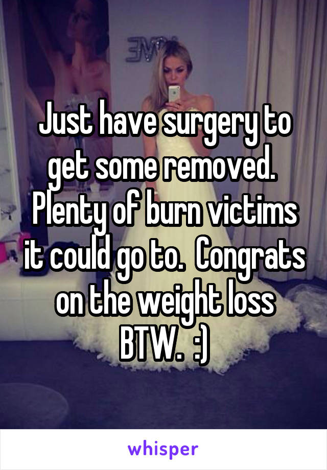 Just have surgery to get some removed.  Plenty of burn victims it could go to.  Congrats on the weight loss BTW.  :)