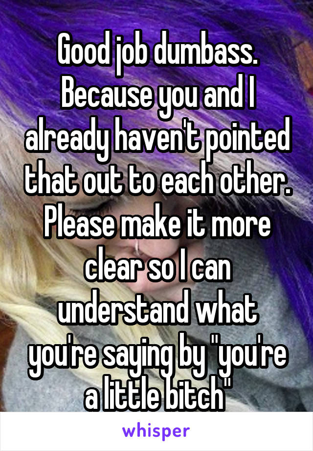 Good job dumbass. Because you and I already haven't pointed that out to each other. Please make it more clear so I can understand what you're saying by "you're a little bitch"