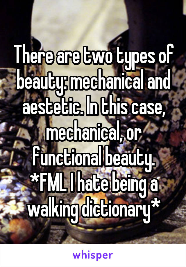 There are two types of beauty: mechanical and aestetic. In this case, mechanical, or functional beauty. *FML I hate being a walking dictionary*