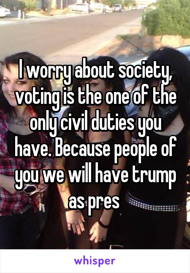 I worry about society, voting is the one of the only civil duties you have. Because people of you we will have trump as pres 