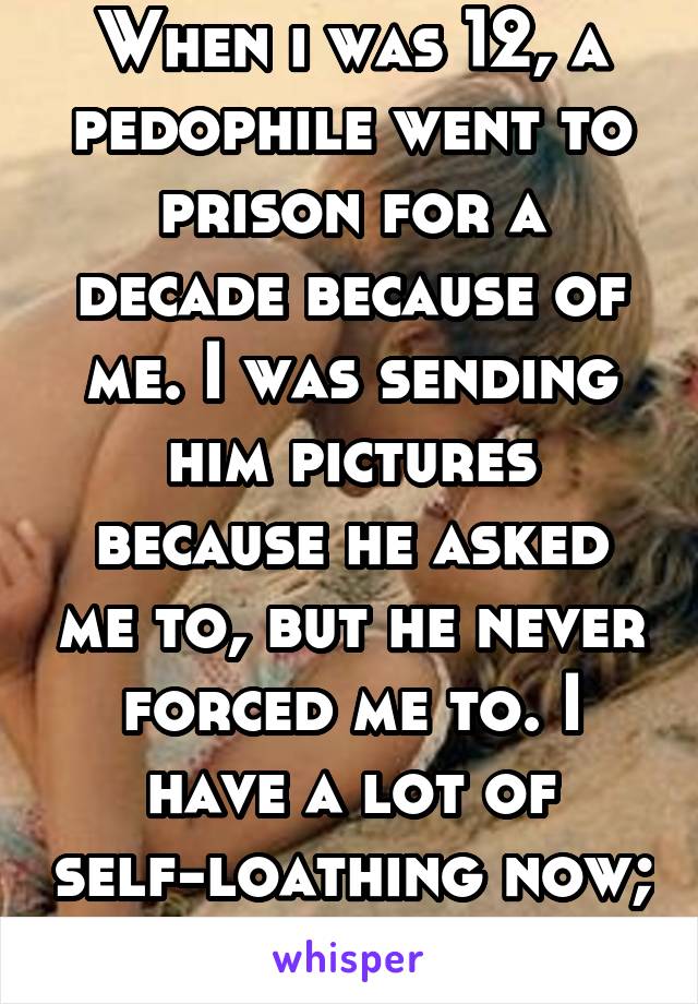When i was 12, a pedophile went to prison for a decade because of me. I was sending him pictures because he asked me to, but he never forced me to. I have a lot of self-loathing now; it was my choice.