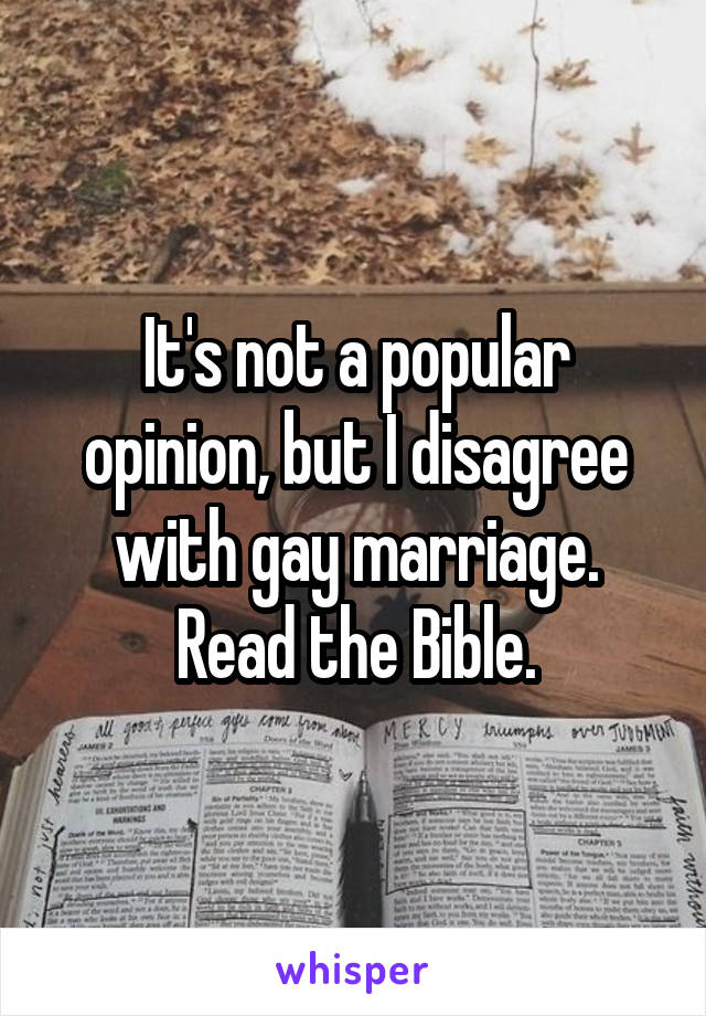 It's not a popular opinion, but I disagree with gay marriage. Read the Bible.