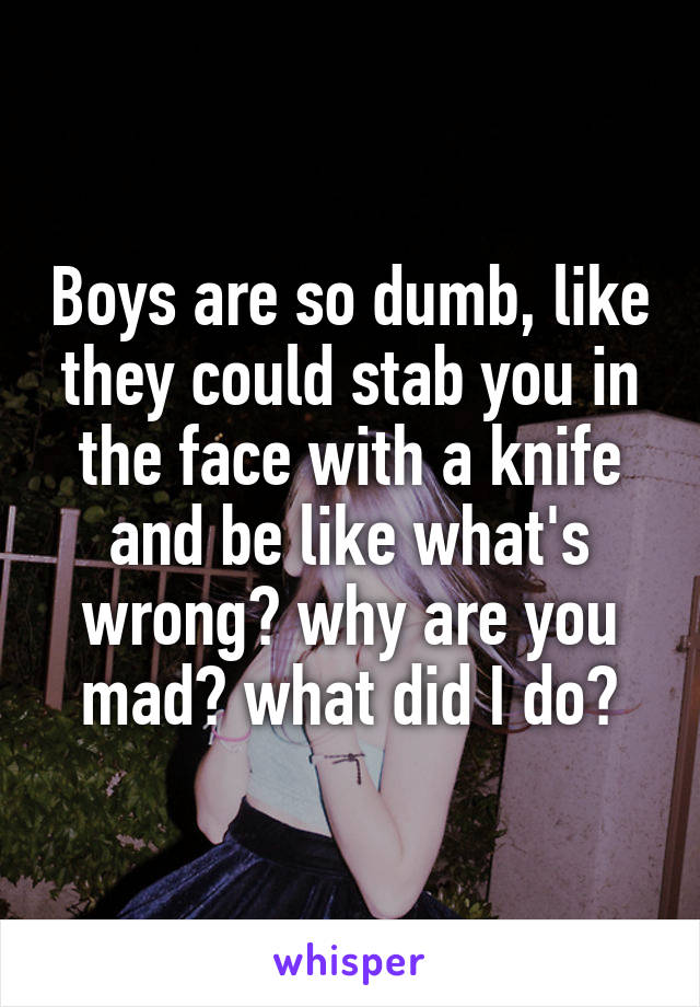 Boys are so dumb, like they could stab you in the face with a knife and be like what's wrong? why are you mad? what did I do?