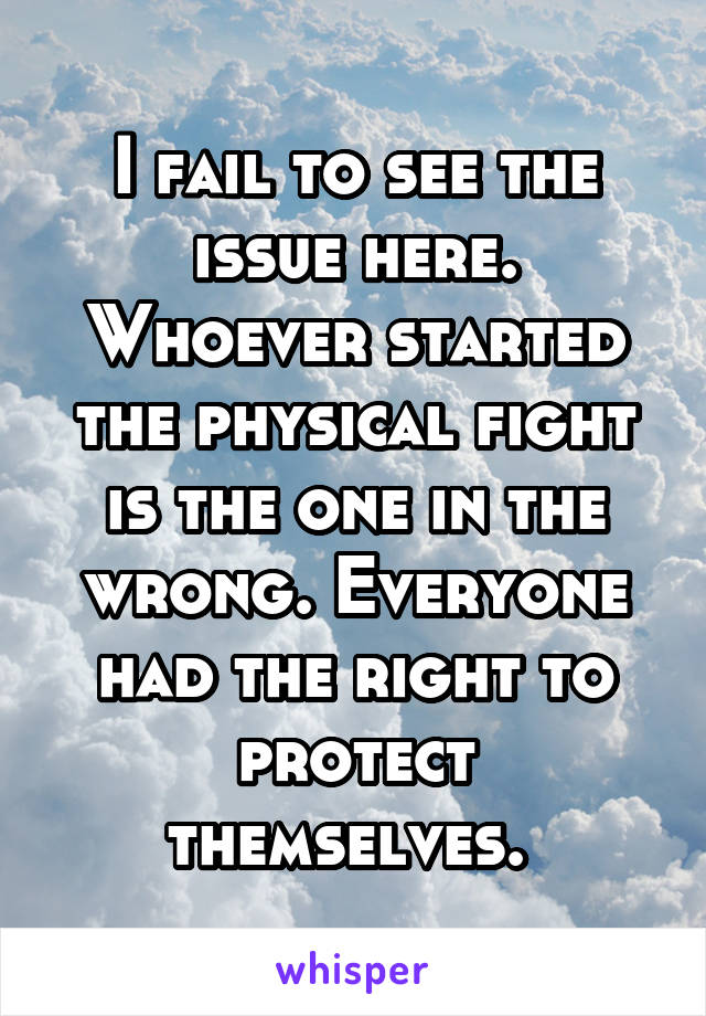 I fail to see the issue here. Whoever started the physical fight is the one in the wrong. Everyone had the right to protect themselves. 