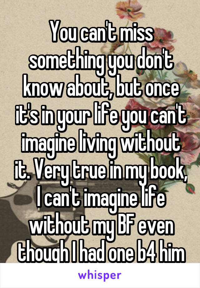 You can't miss something you don't know about, but once it's in your life you can't imagine living without it. Very true in my book, I can't imagine life without my BF even though I had one b4 him