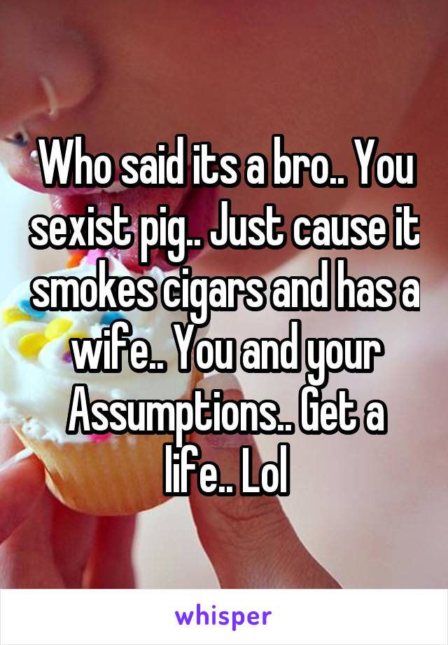 Who said its a bro.. You sexist pig.. Just cause it smokes cigars and has a wife.. You and your Assumptions.. Get a life.. Lol