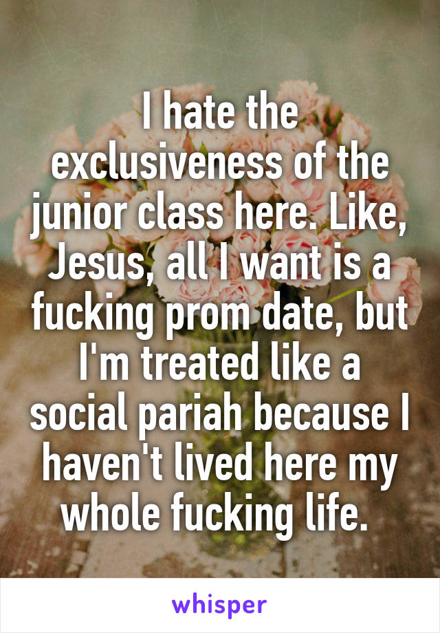 I hate the exclusiveness of the junior class here. Like, Jesus, all I want is a fucking prom date, but I'm treated like a social pariah because I haven't lived here my whole fucking life. 