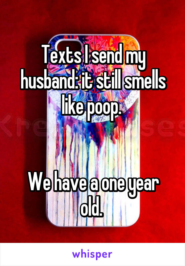 Texts I send my husband: it still smells like poop. 


We have a one year old. 