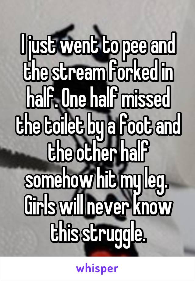I just went to pee and the stream forked in half. One half missed the toilet by a foot and the other half somehow hit my leg. 
Girls will never know this struggle.
