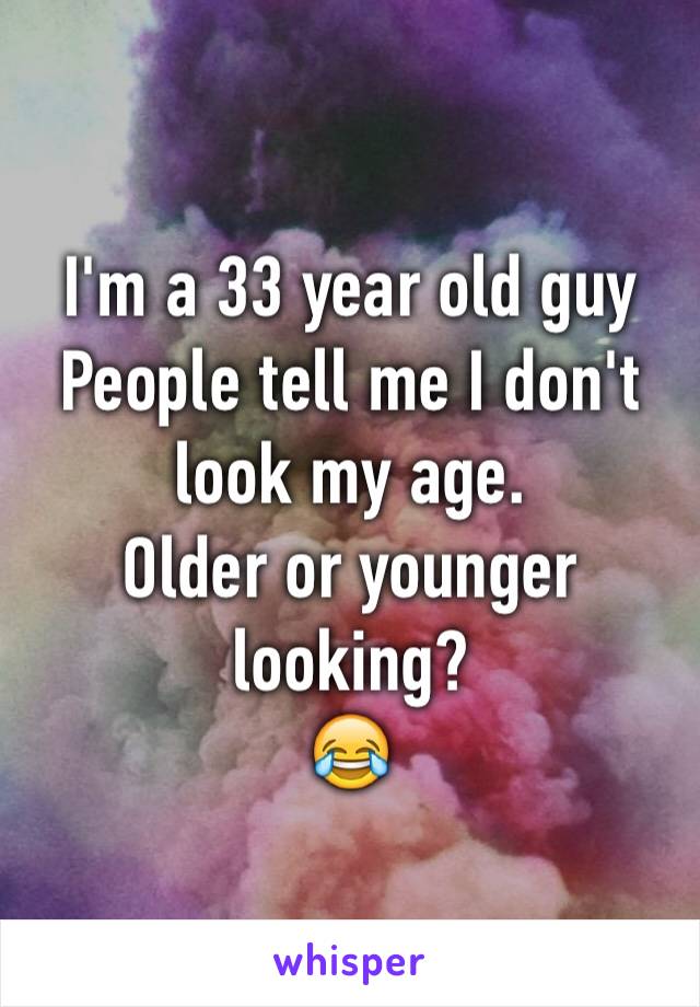 I'm a 33 year old guy
People tell me I don't look my age. 
Older or younger looking?
😂